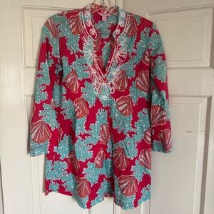Lilly Pulitzer Tunic/Swim Cover Up- Red and Teal Coral/Shell Design Women's XS